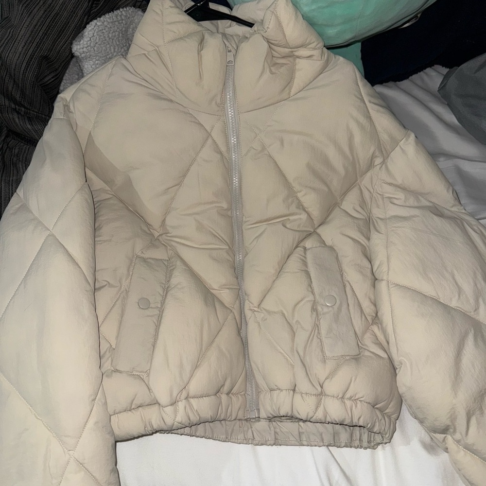 Garage Cream Quilted Puffer Jacket with High Collar